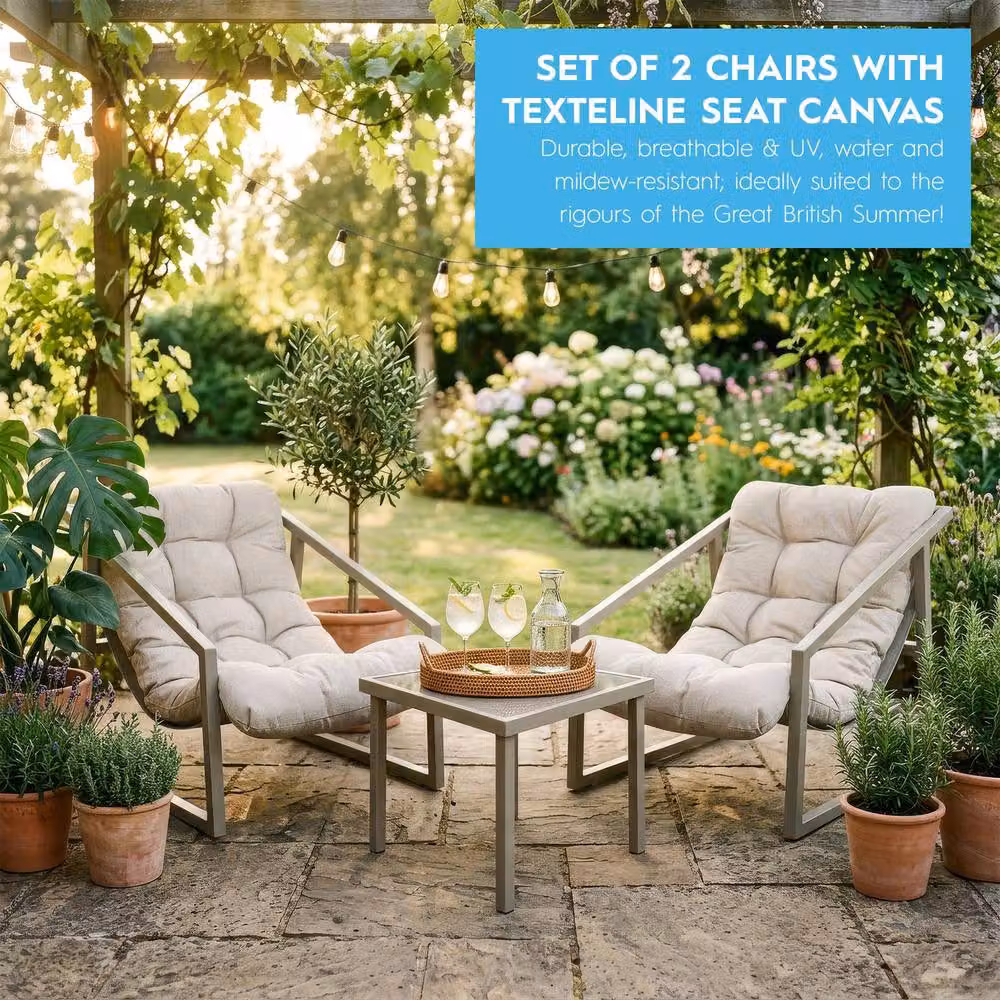Harbour Housewares 3 Piece Padded Bistro Set in Beige and Grey with Metal and Glass Details – 3