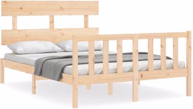 Berkfield Home Solid Wood Bed Frame with Headboard in Beige Pine, W/D/H: 140 x 200 cm – 1