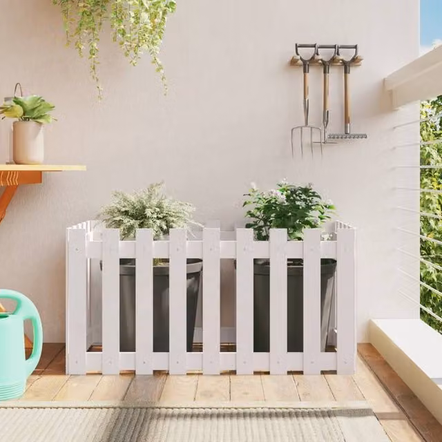 Berkfield Home Garden Raised Bed with Fence Design in White, Solid Wood, W/D/H: 100 x 50 x 50 cm