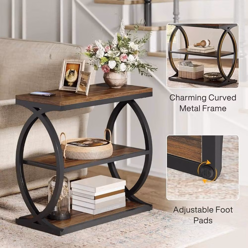 VOGREX Industrial 3-Tier Narrow Wooden Side Table and Nightstand in Brown and Black – 4