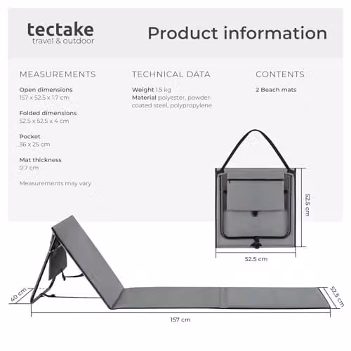 tectake Set of 2 Grey Sun Loungers with Adjustable Backrest, Foam Padding and Water-Repellent Fabric – 2