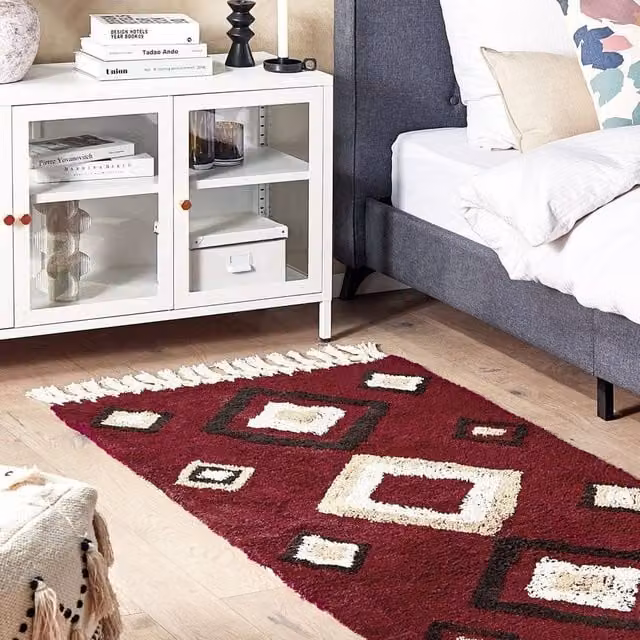 Wyld and Coco Red Cotton Hand Tufted Boho Diamond Area Rug with Fringes W: 80 cm, L: 150 cm