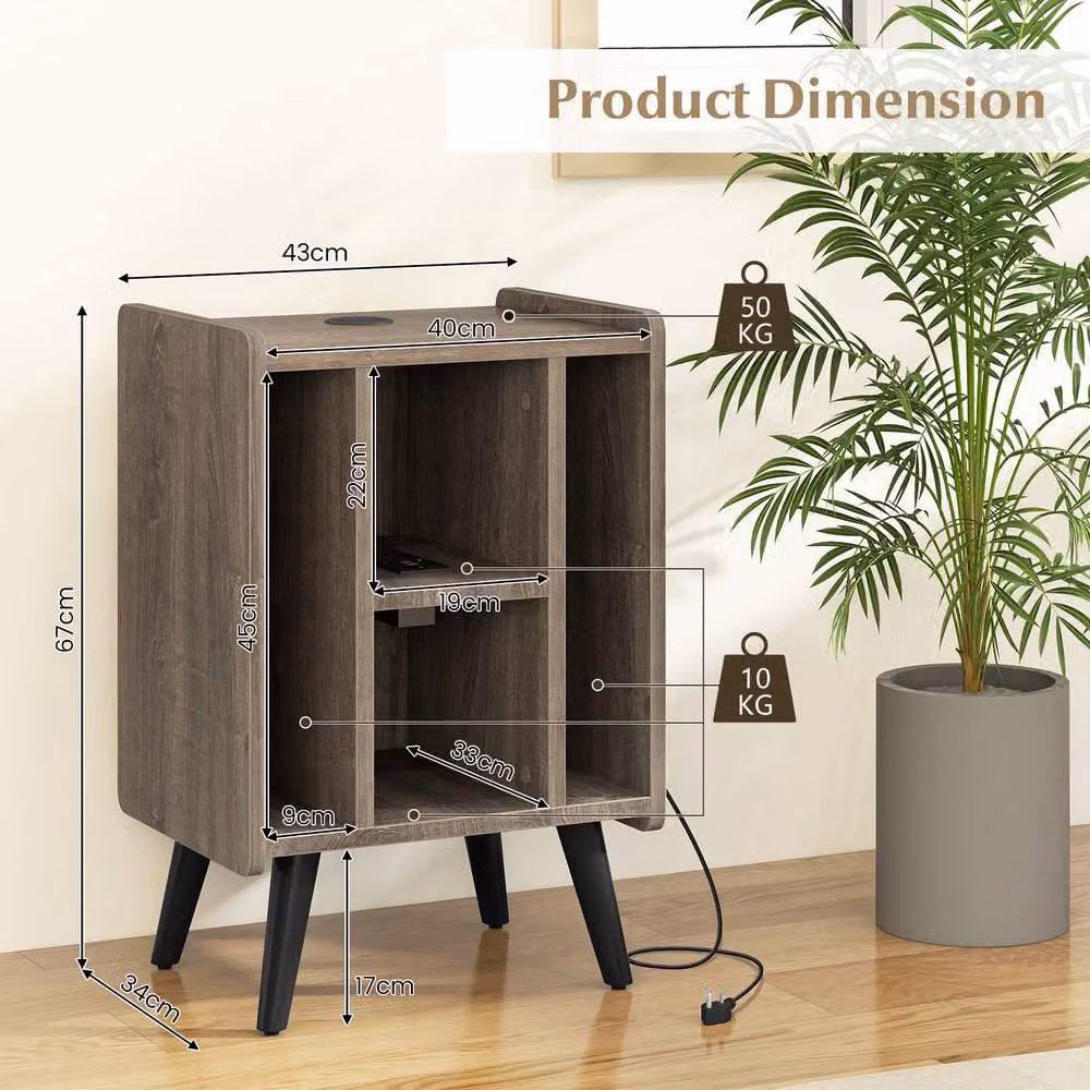 Costway Record Player Stand and Vinyl Record Storage Side Table with Power Outlet in Grey – 3