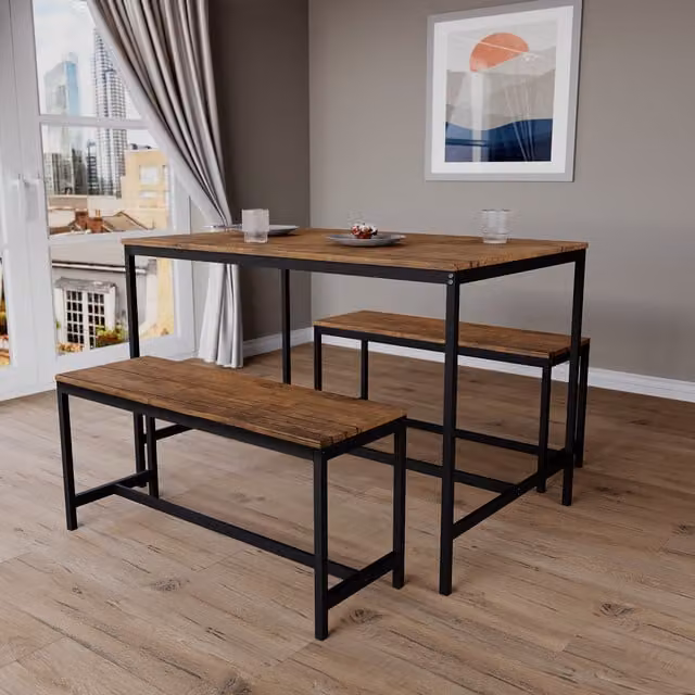 Vida Designs Roslyn 4 Seater Rectangular Dining Table and Bench Set in Brown Wood and Metal