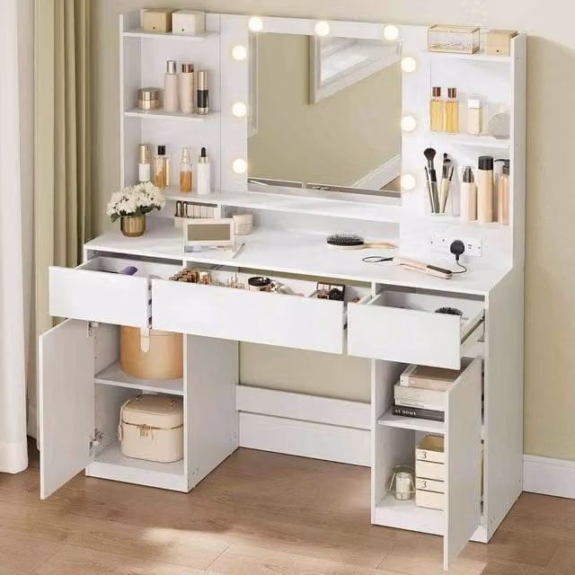 The Bazaarist Makeup Vanity with Hollywood LED Mirror, 2 Cabinets and Power Outlet, White, W: 144.0 cm, D: 107.0 cm, H: 47.0 cm (not specified, but using provided values) - Wait, the dimensions provided are 144.0 and 107.0. Since only two values are provi
