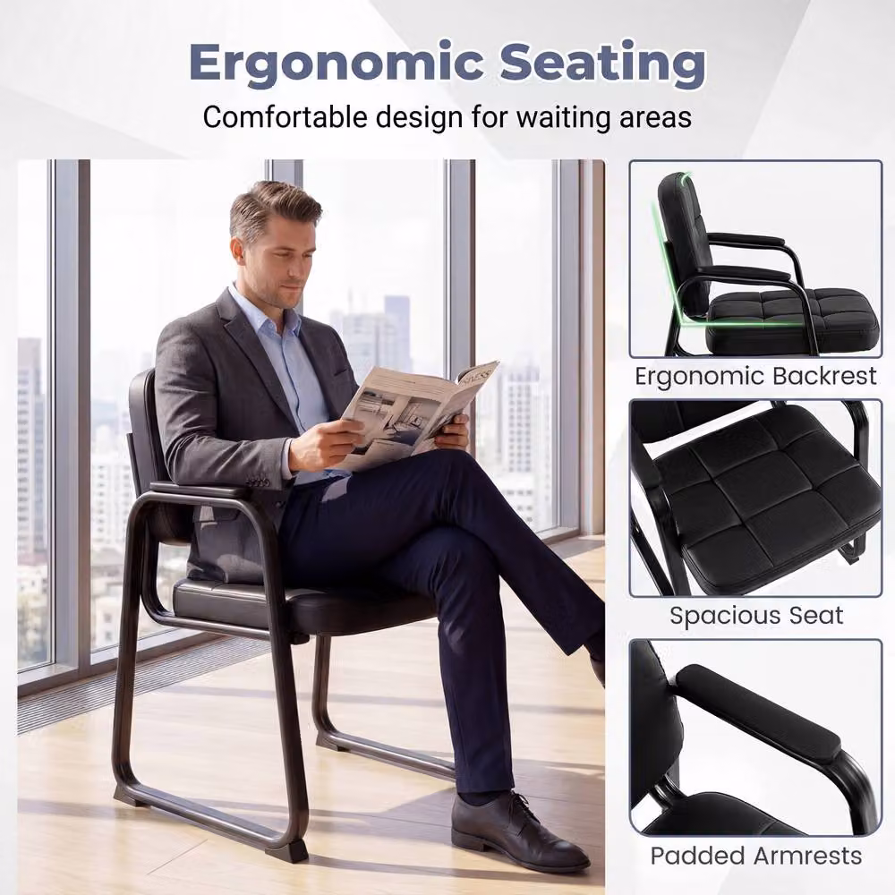 Gymax Set of 2 Black Synthetic Leather Office and Reception Guest Chairs with Armrests – 7