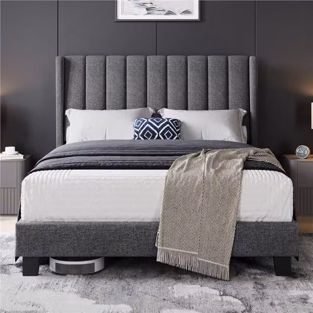 Yaheetech Modern Upholstered Bed Frame with Channel Tufted Headboard in Grey, 140 x 200 cm