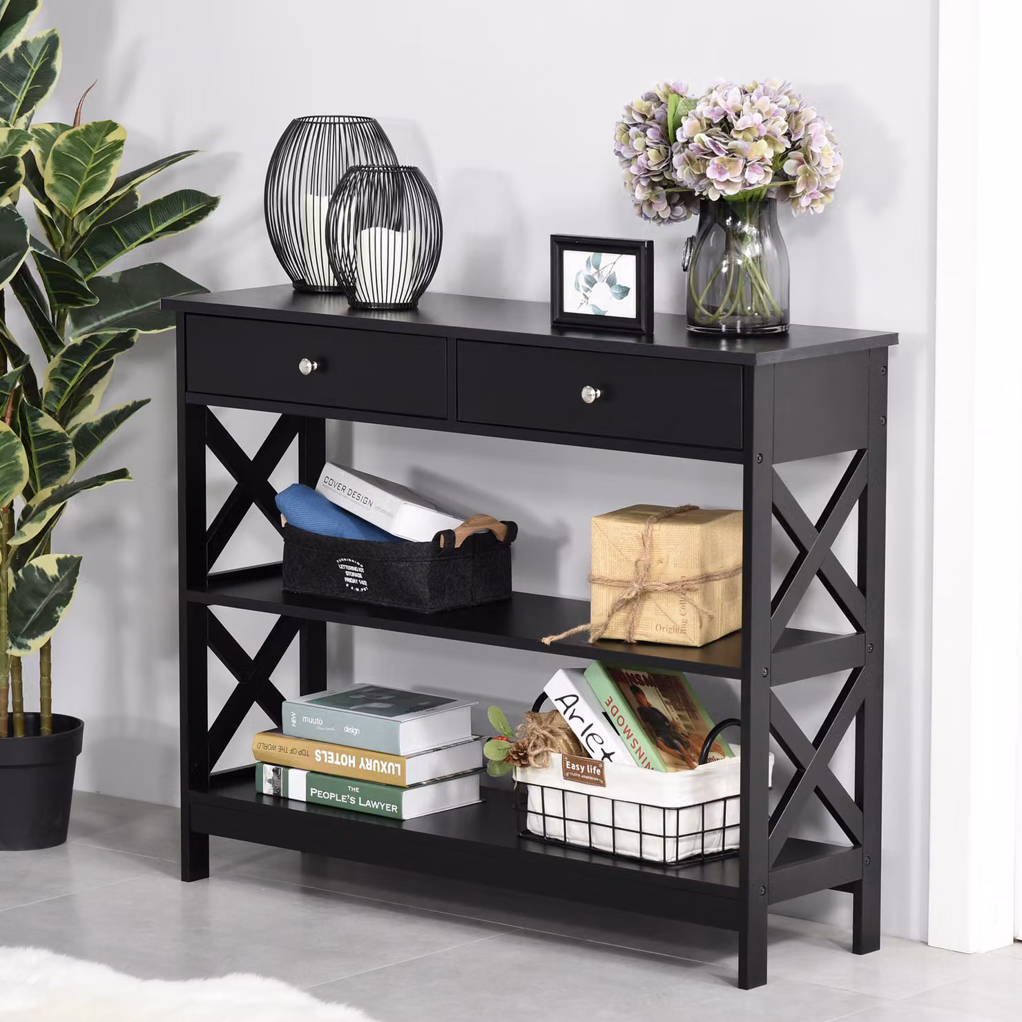 HOMCOM Black Console Table with Shelves, Drawers and X-Frame Support for Living Room, Hallway or Home Office – 2