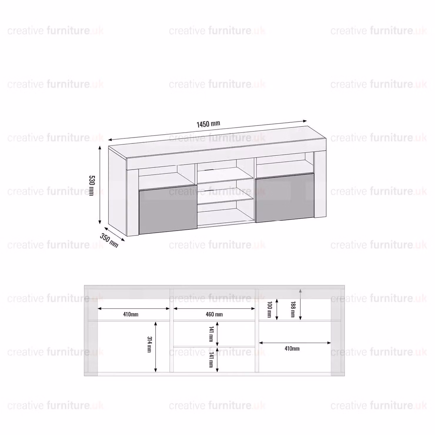 Creative Furniture Modern Black High Gloss TV Unit W: 145 cm, H: 53 cm, D: 35 cm – 4