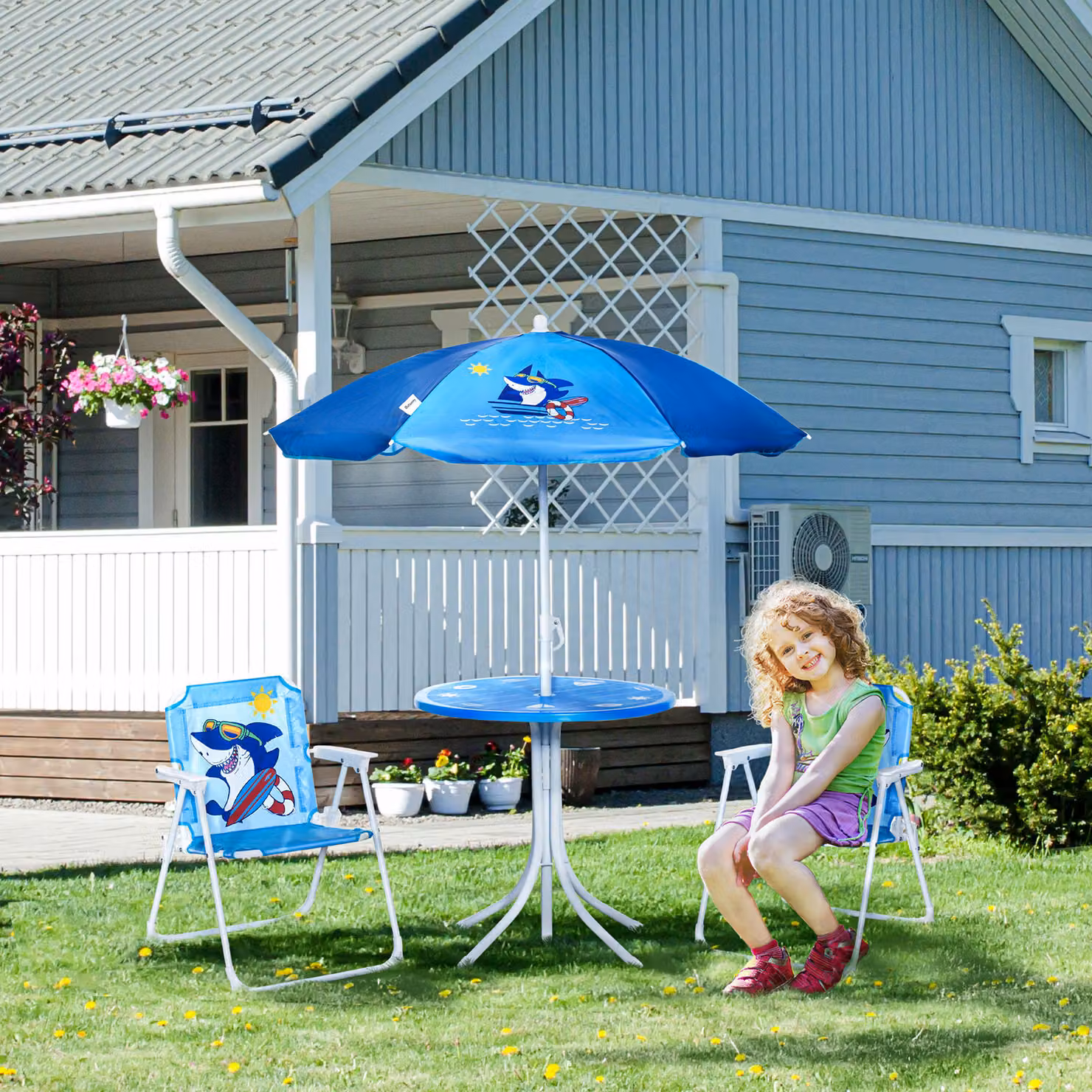 Outsunny Kids Picnic Table and Chair Set with Adjustable Sun Umbrella, Shark Design, Blue – 2