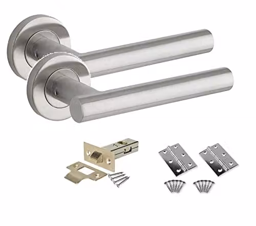 Golden Grace Straight T-Bar Door Handle Pack in Satin Nickel Stainless Steel with Latch and Hinges
