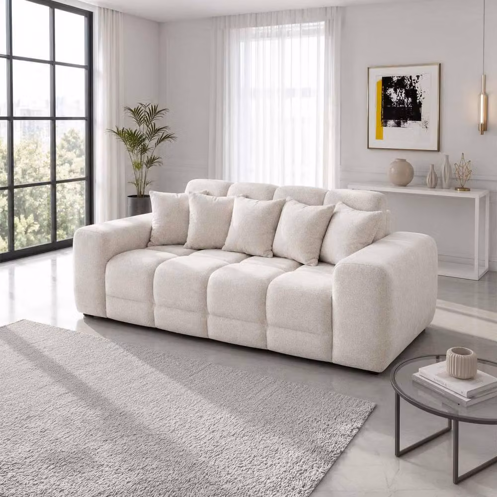 Furnishings For Less UK Jenson 3 Seater Plush Velvet Sofa in Beige with Deep Seats and Scatter Cushions – 2