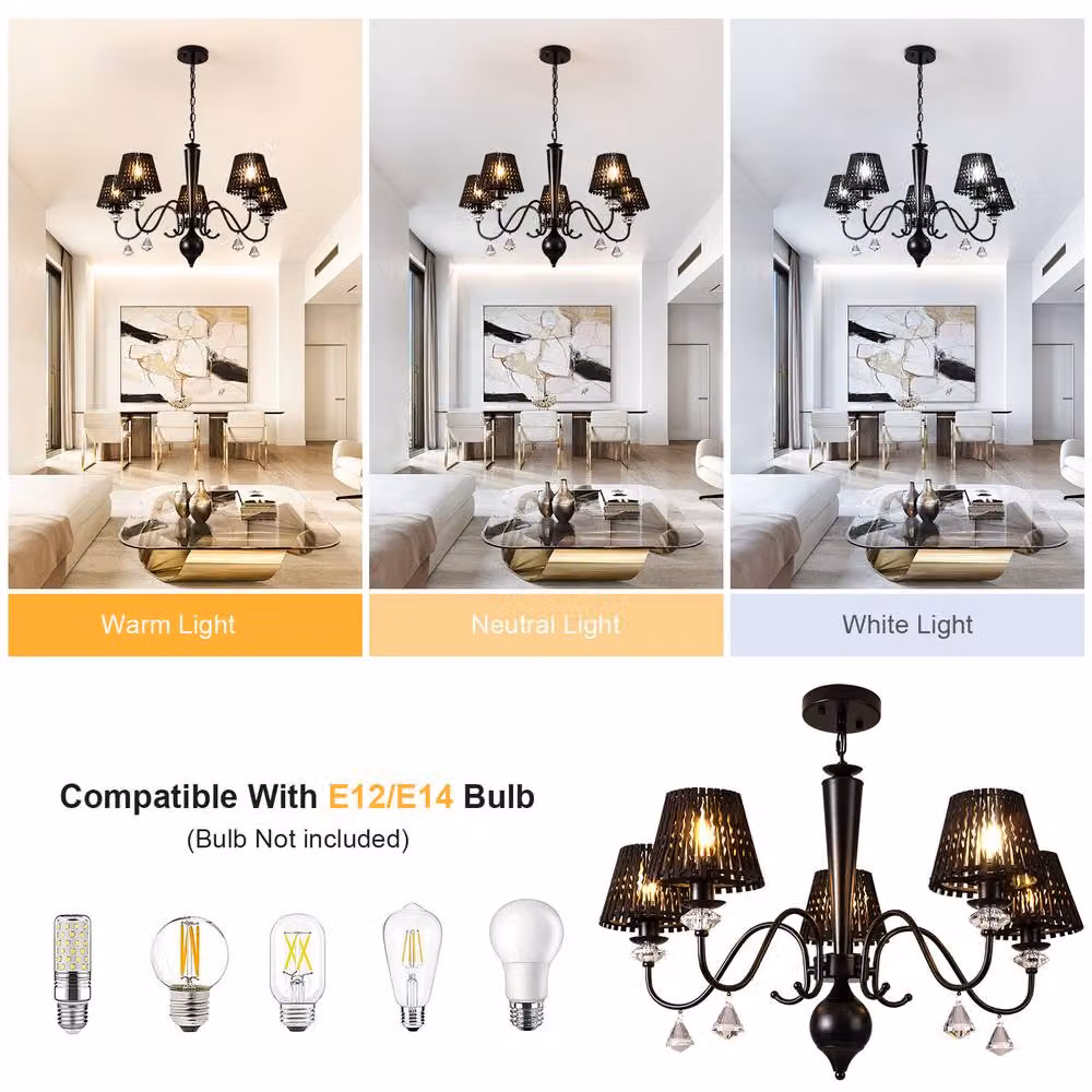 NIVOR 5 Light Dimmable Classic Traditional Crystal Chandelier in Black – 5