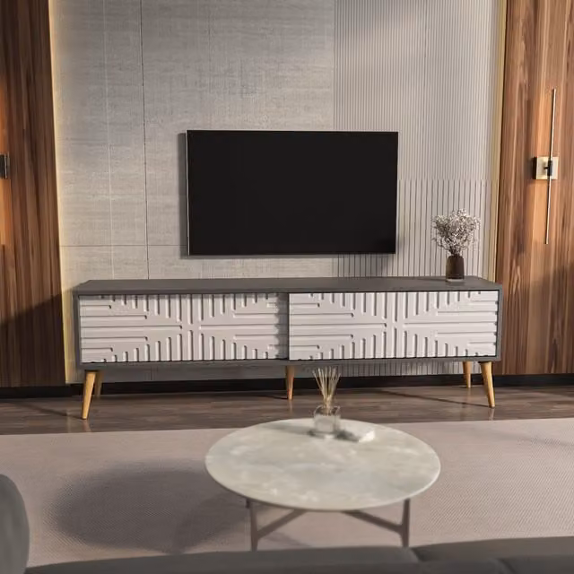 Decorotika Riso Modern TV Unit in Anthracite, White and Grey, W/D/H: 180 x 35 x 54 cm