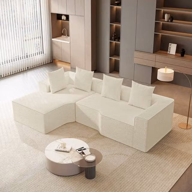 Dprodo Beige Corduroy Left-Facing L-Shaped Modular Sofa with Scatter Cushions, Width: 320 cm