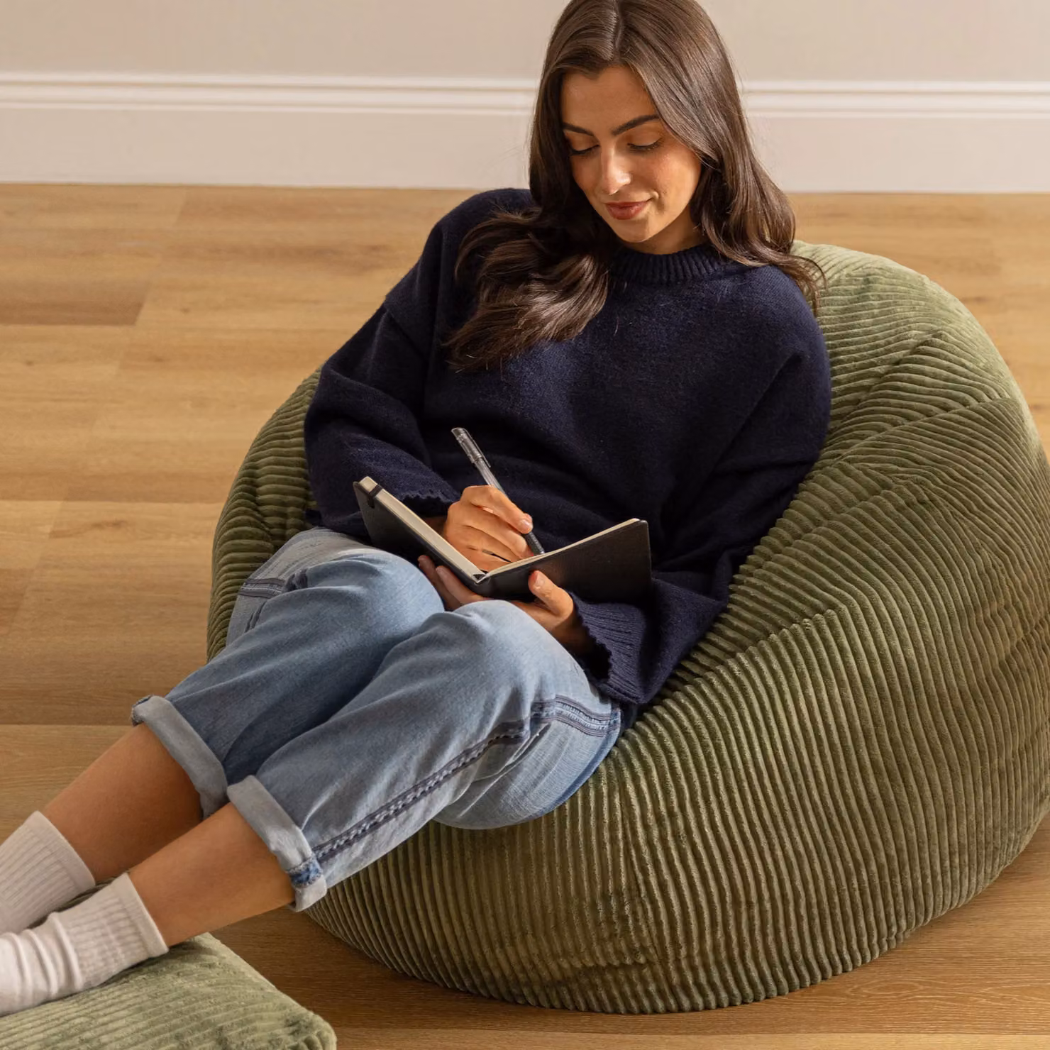 icon Kingston Cord Bean Bag and Footstool Bundle in Green – 3