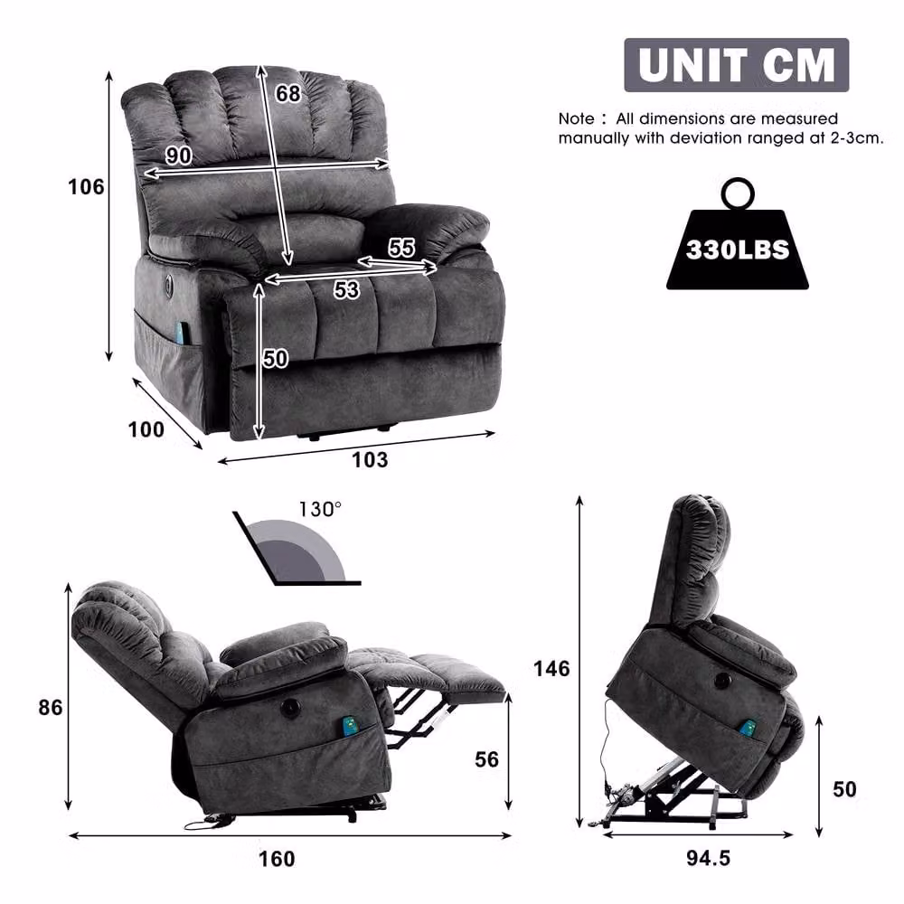 Merax Grey Fabric Power Lift Recliner Chair with 8-Point Massage, Lumbar Heat and USB – 2