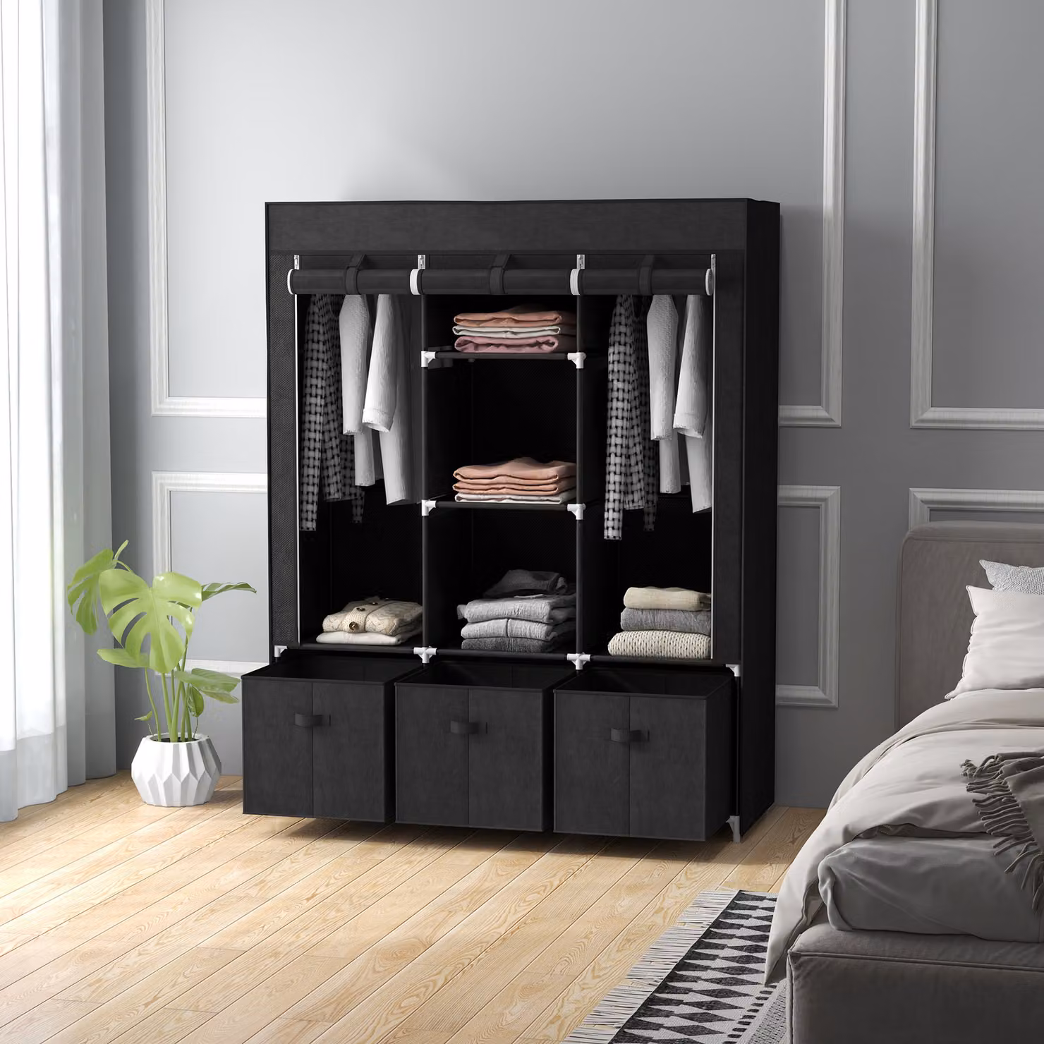HOMCOM Foldable Fabric Wardrobe in Black with 5 Shelves, 2 Hanging Rails and 3 Drawers – 7