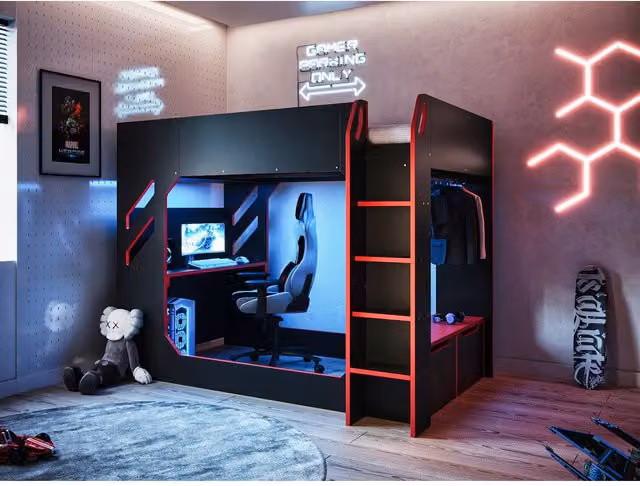 Flair Recoil Shuttle LED Gaming High Sleeper Small Double in Black and Red, W/D/H: 235.4 x 120 x 146.1 cm