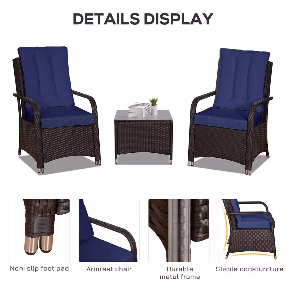 Wyld Haus Rereha 3 Piece Dark Blue Rattan Bistro Set with Glass Table – 3