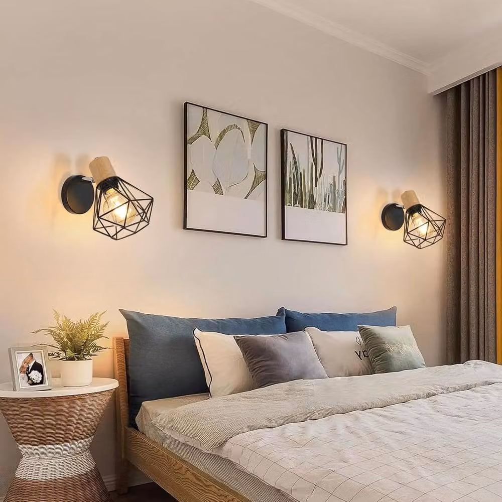 COMELY Set of 2 Industrial Black and Wood Adjustable Wall Lights – 3