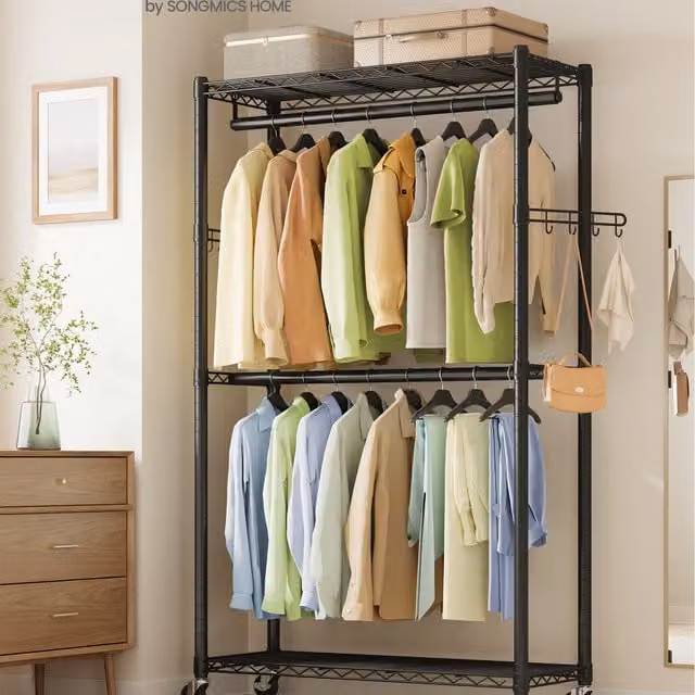 SONGMICS Rolling Portable Wardrobe, Heavy-Duty Matt Black Metal Clothes Rail on Wheels