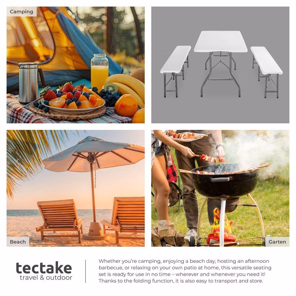 tectake Panja Foldable Camping Table Set in White, Weatherproof Rectangular Garden Table for 8 Adults – 3
