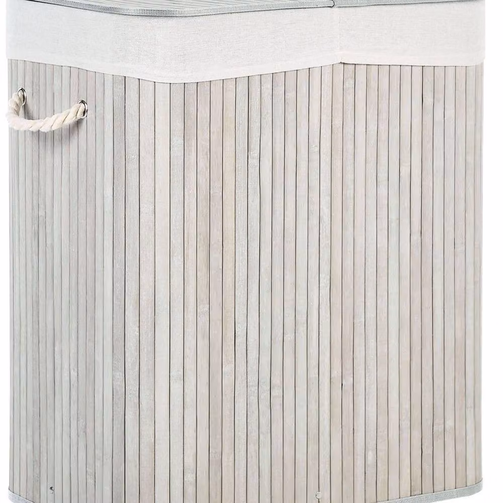 Wyld and Coco Grey Two-Compartment Bamboo Laundry Hamper with Lid and Rope Handles – 2