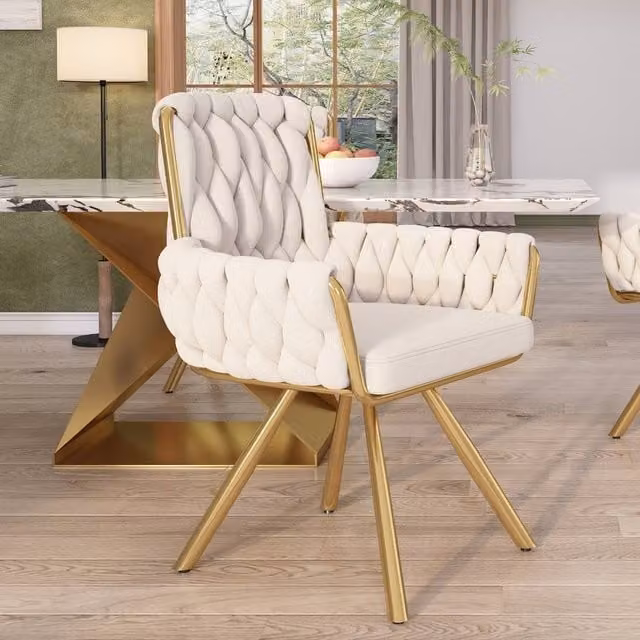 Rolipo Beige Velvet Swivel Dining Chair with Armrests and Metal Legs