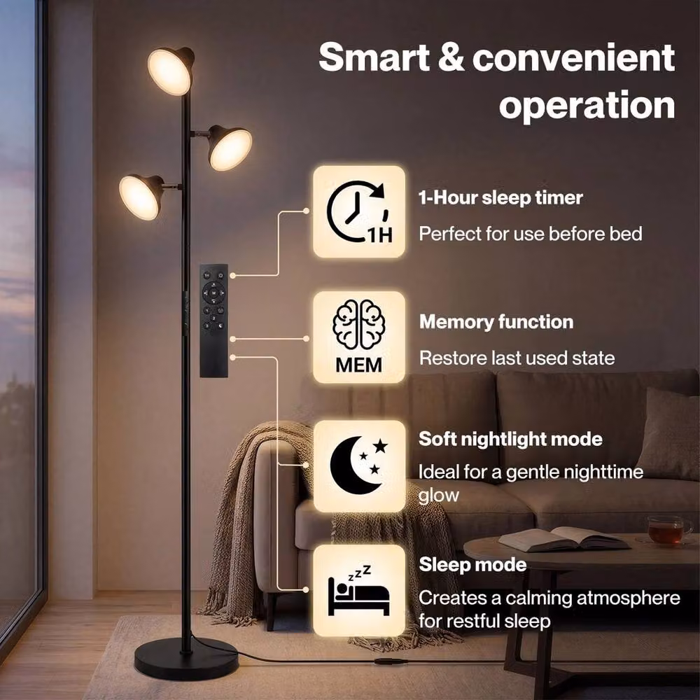 VOGREX 3-Light Dimmable Black Floor Lamp with Remote Control and Touch Function – 5