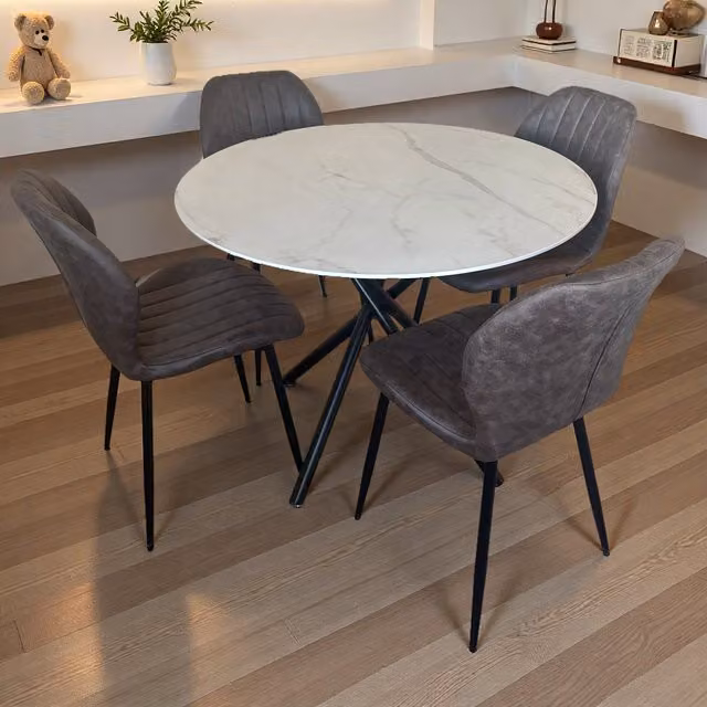 Madefor.living Seattle Round Marble Dining Table with 4 Jaydn Grey Leather Chairs