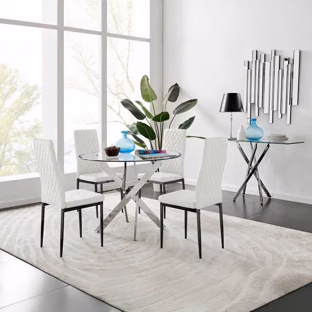 FurnitureboxUK Novara 100cm Round Glass Dining Table and 4 Milan Black Leg Chairs in White – 1
