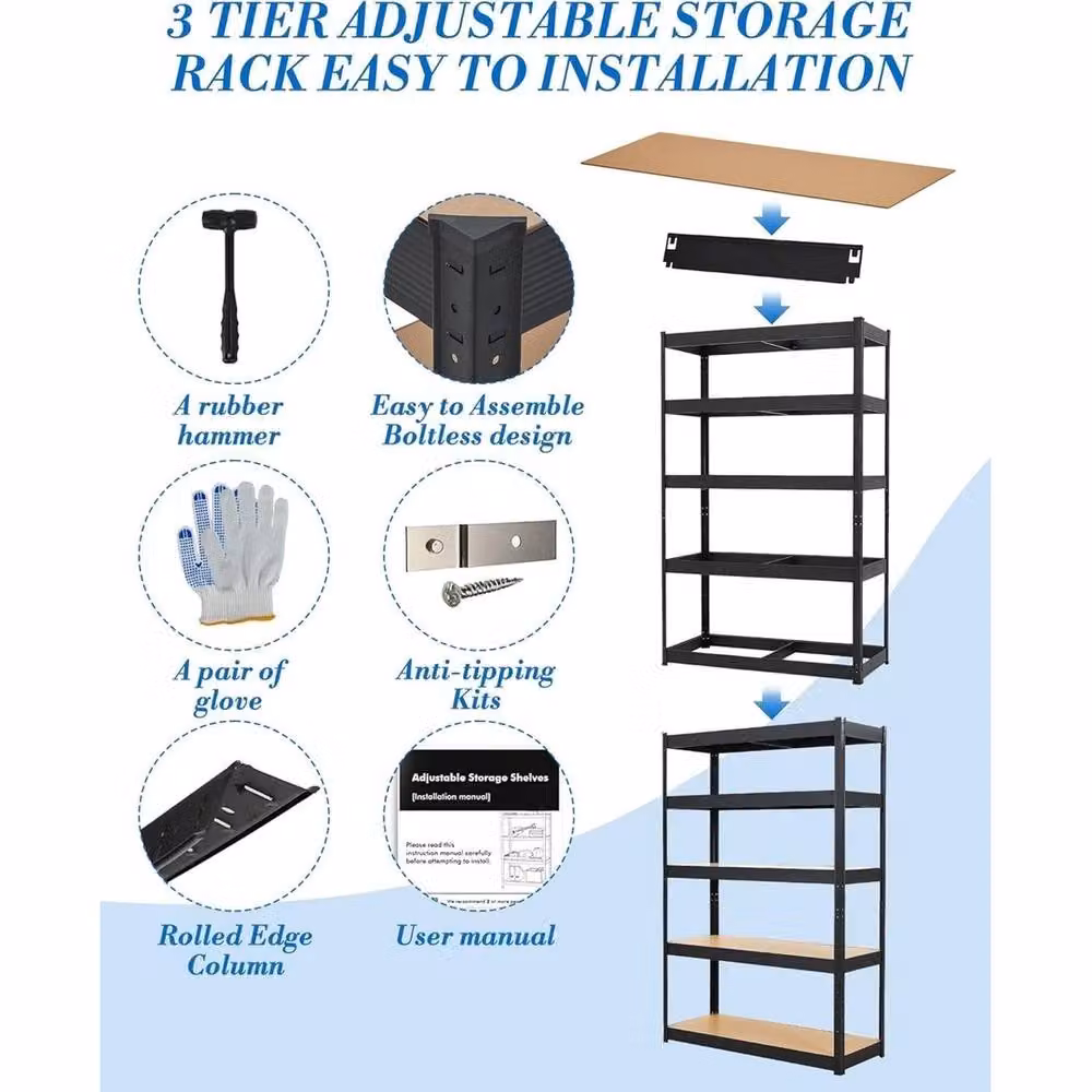 VOGREX Heavy Duty Garage Shelving in Black, W/D/H: 36 x 18 x 72 cm – 3