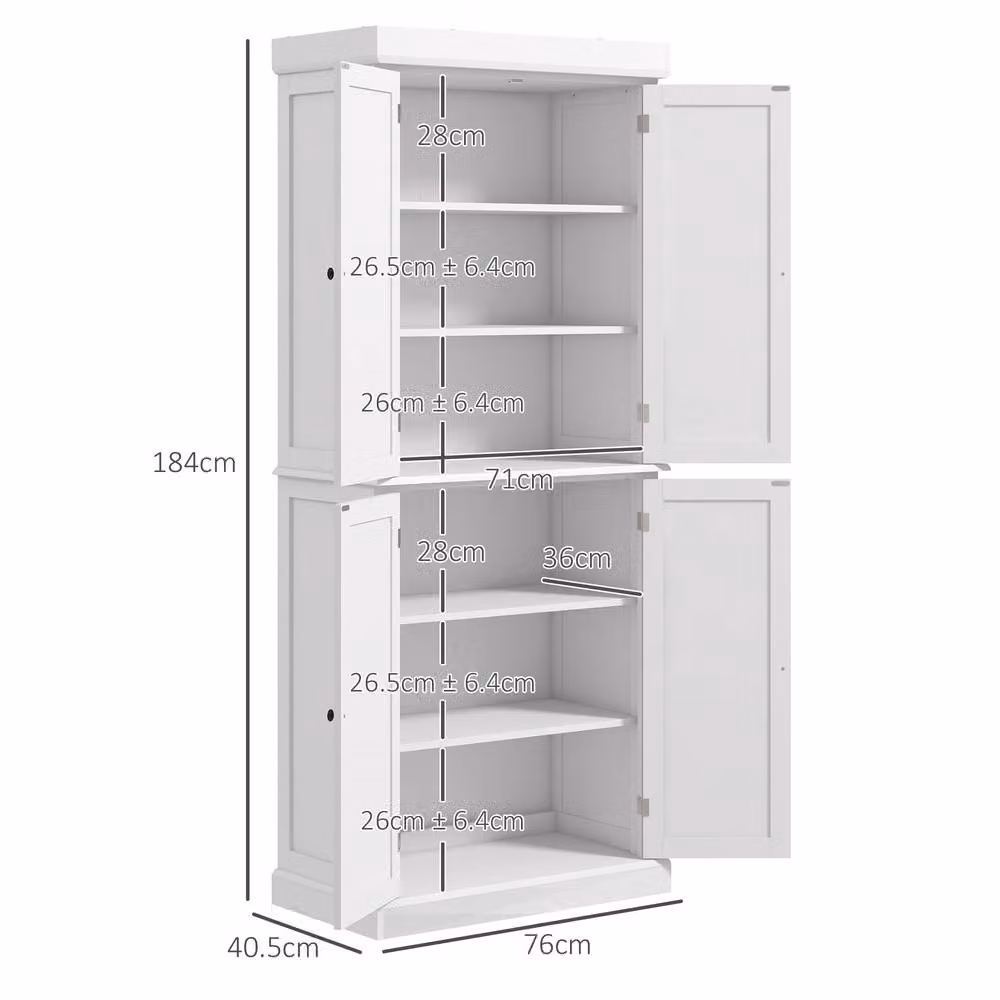 STILVORA Modern Matt White Kitchen Tall Cupboard with 4 Hinged Doors, H: 184.0 cm, W: 76.0 cm, D: 40.5 cm – 2