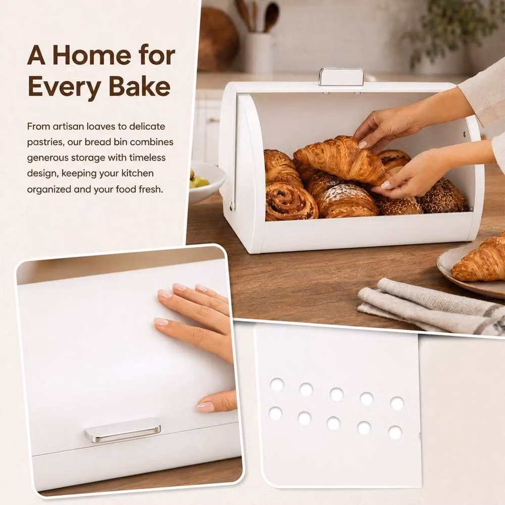 PAWNORA Airtight Bread Bin with Roll Top Lid, White – 4