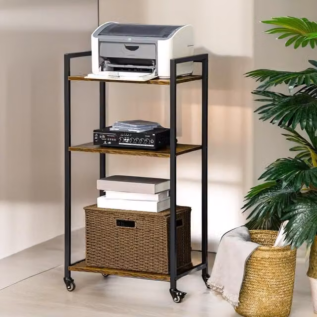 Pirlo Plush 3 Tier Printer Trolley in Brown with Adjustable Shelves and Lockable Wheels
