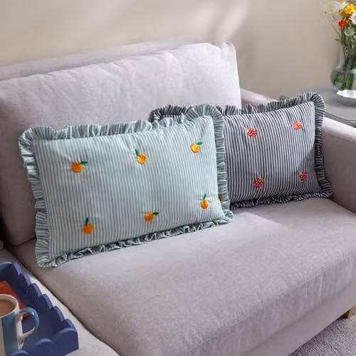 Les Fruites Embroidered Ruffle Polyester Filled Cushion, Orange and Blue, W: 50 cm, H: 30 cm, D: 1 cm – 2