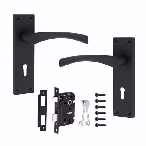 Golden Grace Astrid Victorian Scroll Door Handles and Lock Set in Matt Black Zinc