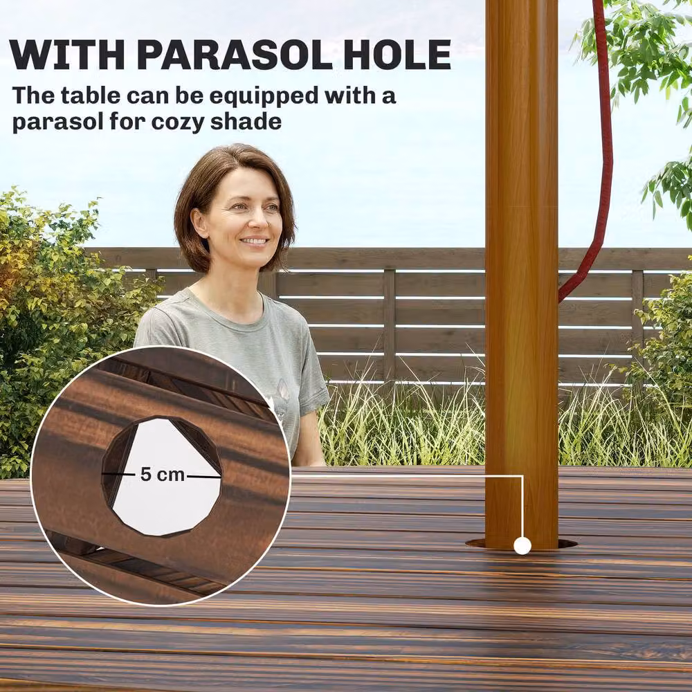 Outsunny 6 Seater Carbonised Wood Garden Dining Set with Table and Benches in Brown – 9