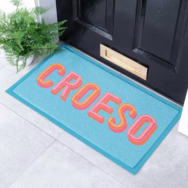 Artsy Mats Croeso Blue and Turquoise Indoor Outdoor Doormat, W/D/H: 70 x 40 cm