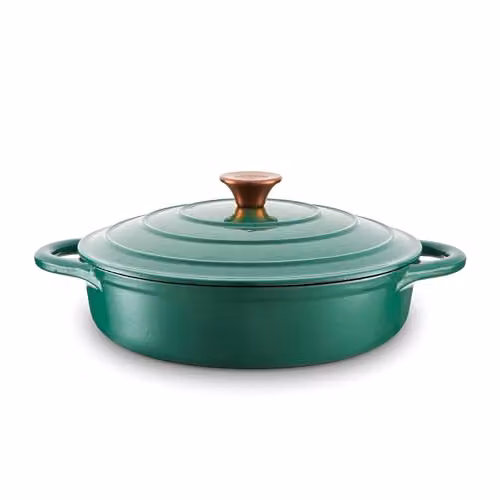 Tower Shallow Cast Iron Casserole Pan with Enamel Interior, Green, 28cm