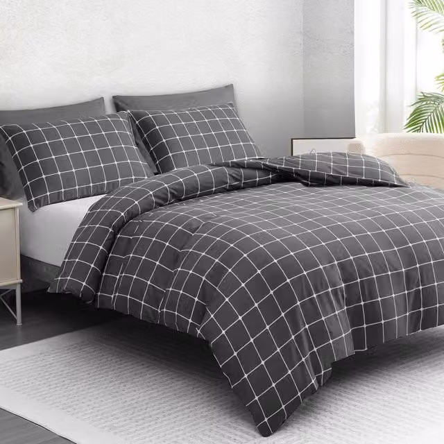 Lazzaro Home Double Reversible Checked Microfibre Duvet Cover and Pillowcase Set in Anthracite Grey, W: 140 cm, H: 200 cm – 1