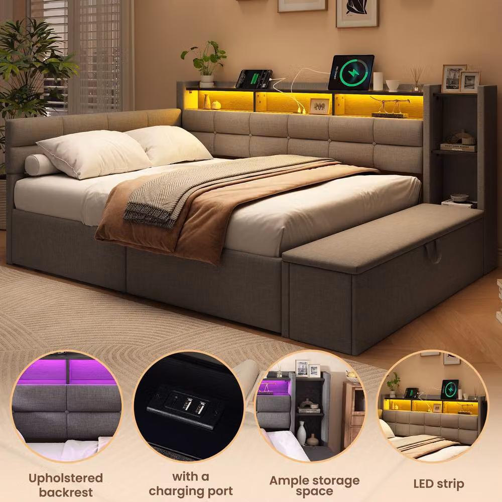 ModernLuxe Upholstered Double Bed in Grey with LED Lighting, Storage Drawers, USB Charging Port and Bedside Shelf, W/D/H: 140 x 190 x 65.25 cm – 4