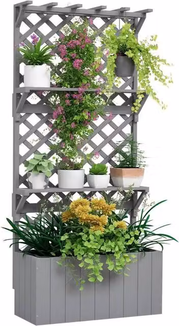 Kelvenix Grey Wooden Raised Planter with Trellis and 2 Shelves, W/D/H: 177 x 52 x 33 cm