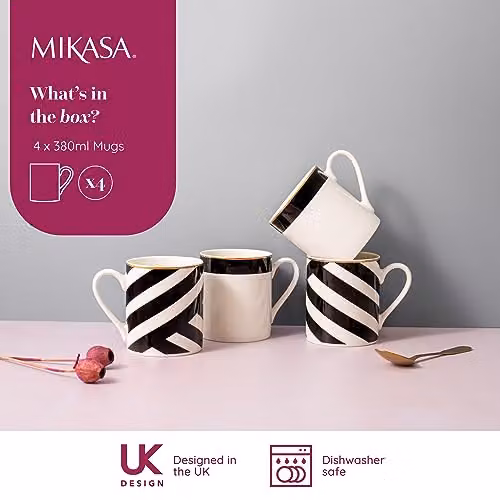 Mikasa Luxe Deco White and Gold Geometric Bone China Mug Set of 4, 380ml – 2