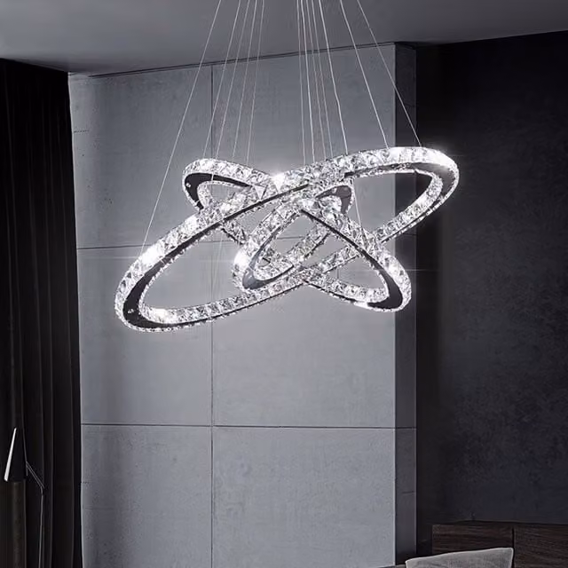 Livingandhome LED Crystal Pendant Hanging Ceiling Light in Silver, Height Adjustable up to 70 cm