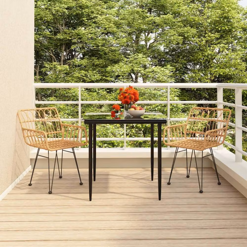 Berkfield Home 3 Piece Brown Poly Rattan Garden Dining Set with Glass Top Table – 2