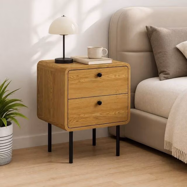 STILVORA Bedside Table with 2 Drawers and Steel Legs in Light Oak – 1