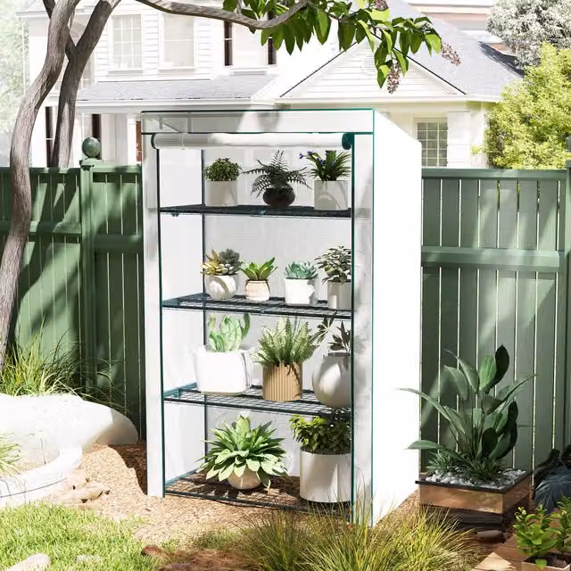 Outsunny 4 Tier Lean-to Mini Greenhouse with PE Cover and Roll-Up Door, Green