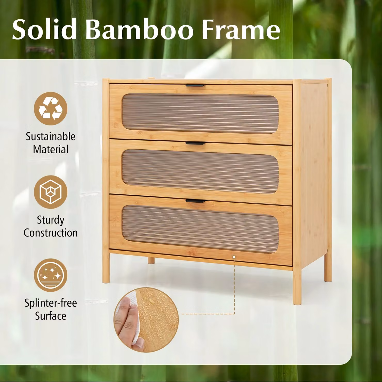 Costway Mid Century Modern 3-Drawer Dresser in Natural Brown with Soft Close Bamboo and Wood Construction – 3